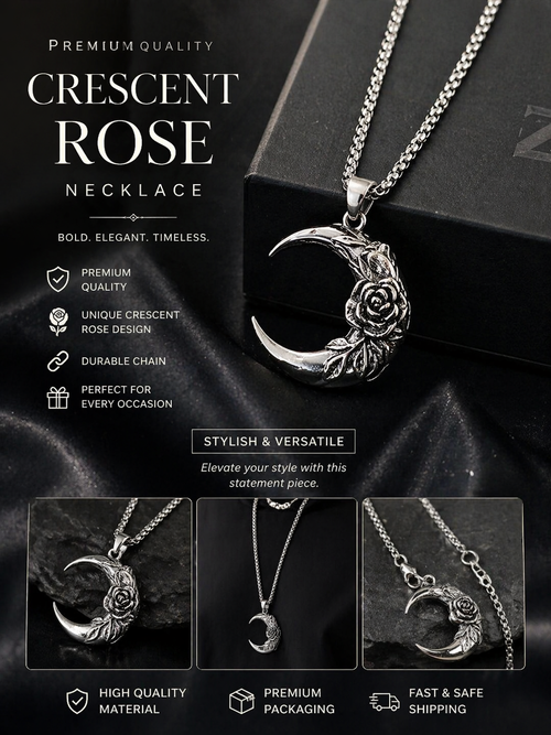 Crescent Rose Silver Pendant Necklace | Premium Aesthetic Chain