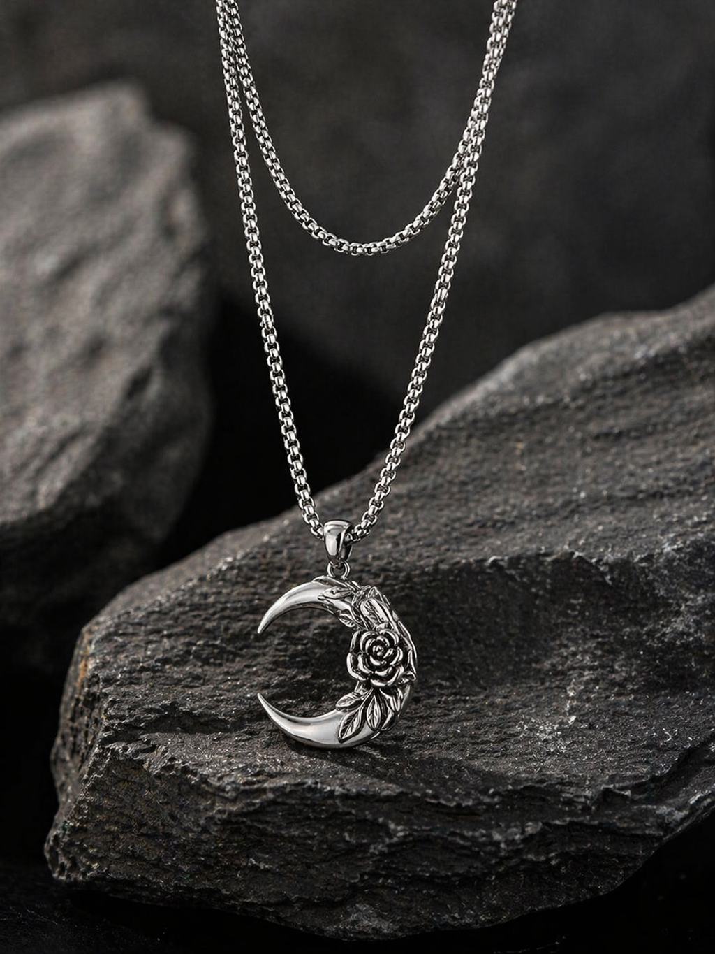 Crescent Rose Silver Pendant Necklace | Premium Aesthetic Chain