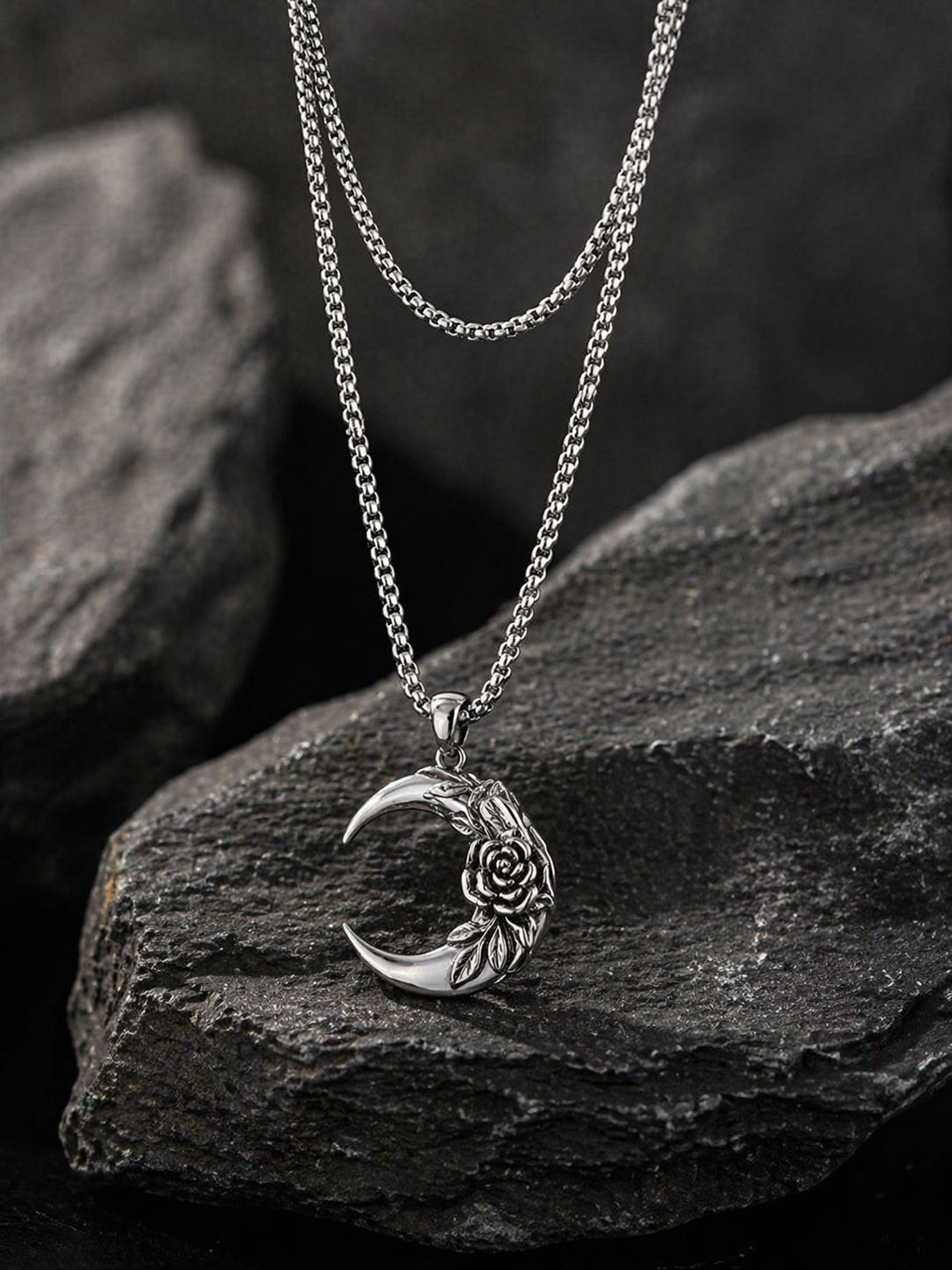 Crescent Rose Silver Pendant Necklace | Premium Aesthetic Chain