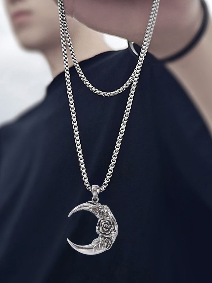 Crescent Rose Silver Pendant Necklace | Premium Aesthetic Chain