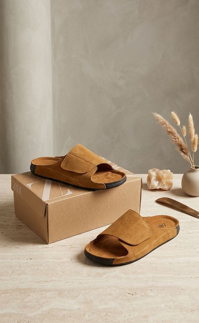 ZARA Men’s Leather Velcro Mules | Premium Comfort Slides